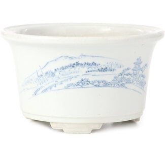 Seto Yaki 107 mm round white with blue bonsai pot by Seto Yaki, Seto