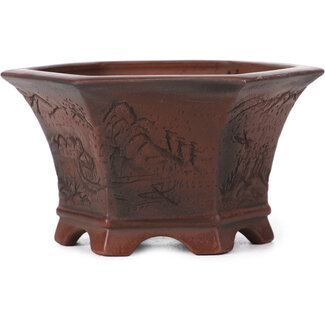 Bigei - Hirata Atsumi 120 mm hexagonal unglazed bonsai pot by Bigei, Tokoname, Japan