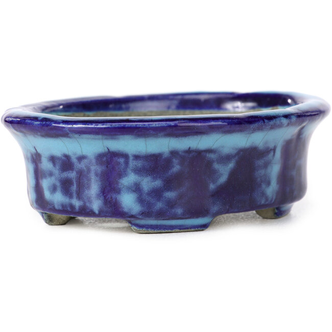 Ovale blauwe bonsaipot van Terahata Satomi Mazan - 111 x 86 x 35 mm