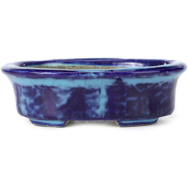 Ovale blaue Bonsaischale von Terahata Satomi Mazan - 111 x 86 x 35 mm