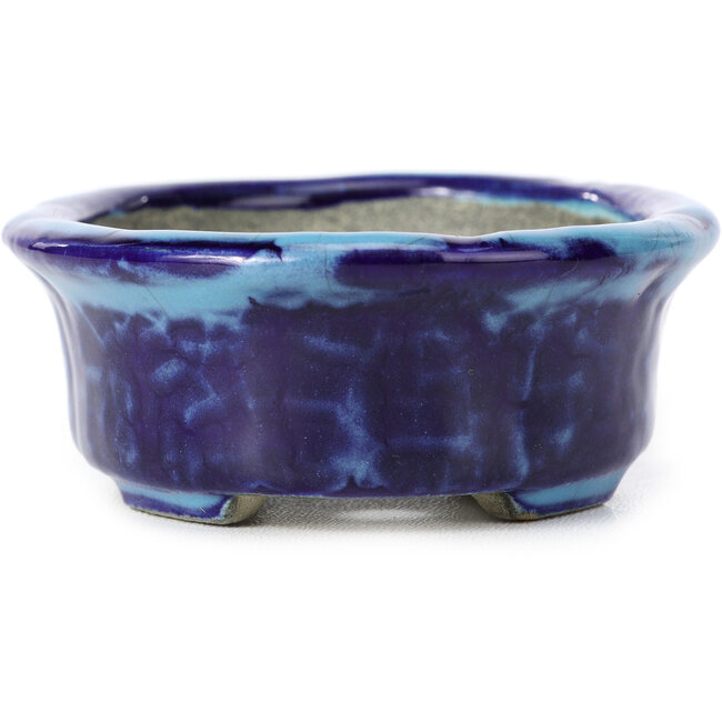 Oval blue bonsai pot by Terahata Satomi Mazan - 111 x 86 x 35 mm