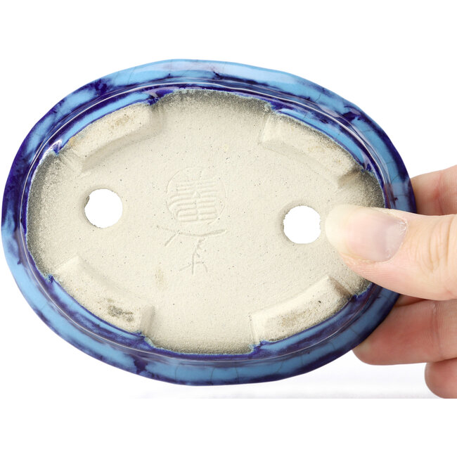 Oval blue bonsai pot by Terahata Satomi Mazan - 111 x 86 x 35 mm