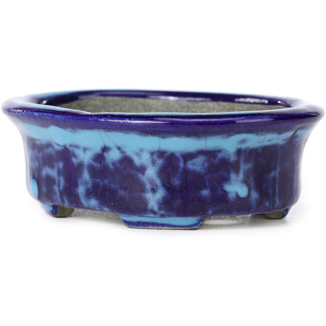 Oval blue bonsai pot by Terahata Satomi Mazan - 111 x 86 x 35 mm