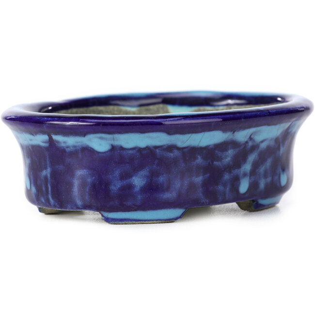 Oval blue bonsai pot by Terahata Satomi Mazan - 111 x 86 x 35 mm