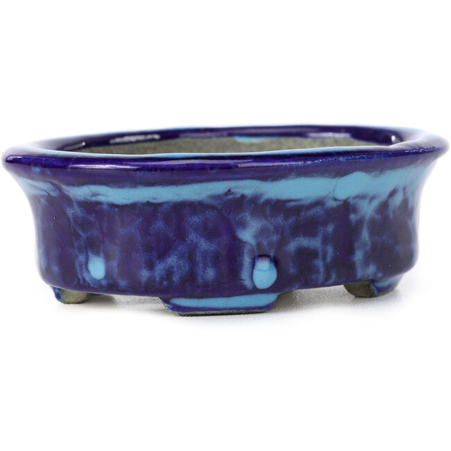 Ovale blaue Bonsaischale von Terahata Satomi Mazan - 111 x 86 x 35 mm