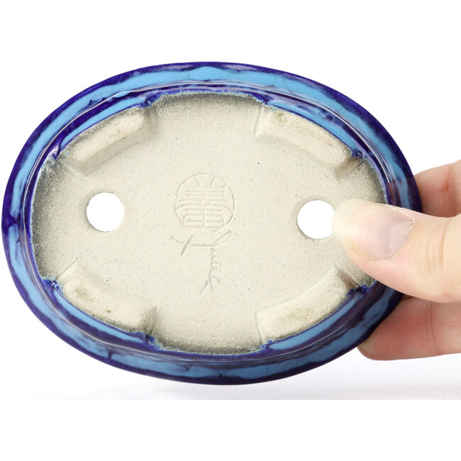 Maceta de bonsái azul ovalada de Terahata Satomi Mazan - 111 x 86 x 35 mm