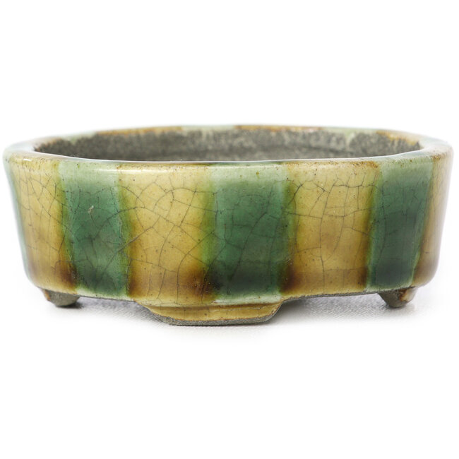 Round beige craquelé and green bonsai pot by Terahata Satomi Mazan - 80 x 80 x 29 mm