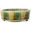 Round beige craquelé and green bonsai pot by Terahata Satomi Mazan - 80 x 80 x 29 mm