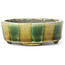 Round beige craquelé and green bonsai pot by Terahata Satomi Mazan - 80 x 80 x 29 mm