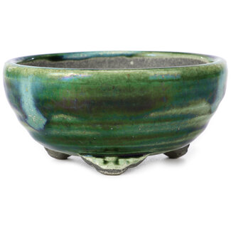 Satomi Mazan, Mazan Terahata 117 mm round green and blue bonsai pot by Terahata Satomi Mazan, Tokoname, Japan