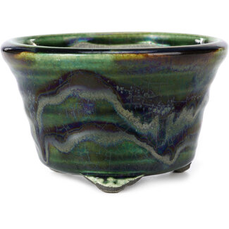  Satomi Mazan, Mazan Terahata 137 mm round green and blue bonsai pot by Terahata Satomi Mazan, Tokoname, Japan