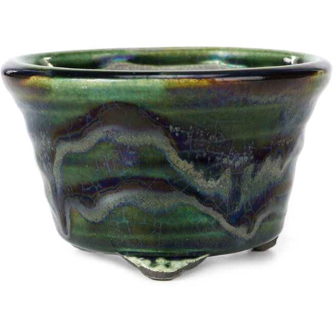 Round green and blue bonsai pot by Terahata Satomi Mazan - 137 x 137 x 88 mm