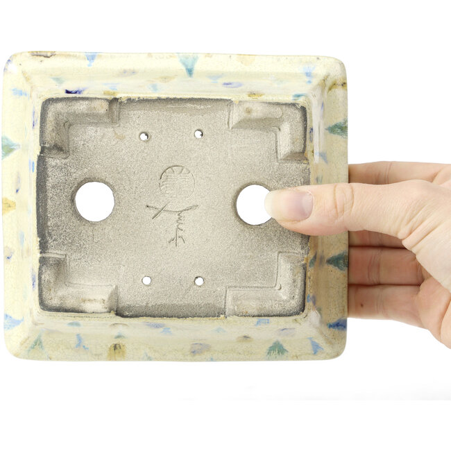 Pot à bonsaï rectangulaire beige multicolore par Terahata Satomi Mazan - 160 x 140 x 63 mm