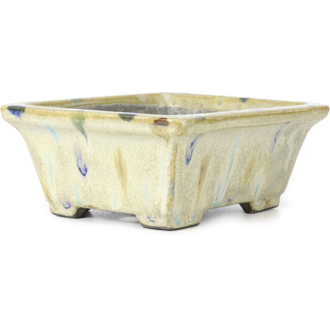 Rechteckige beige mehrfarbige Bonsaischale von Terahata Satomi Mazan - 159 x 142 x 65 mm