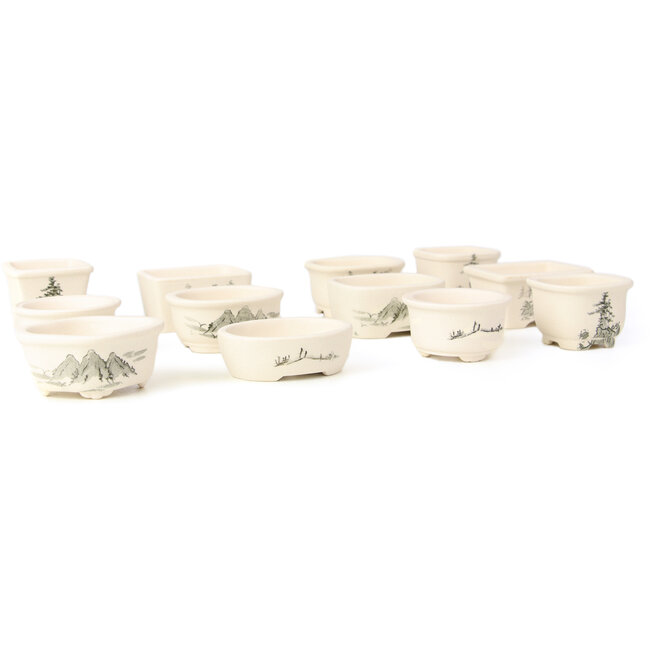 Set of 12 small white bonsai pots between 40 and 55 mm from Seto Yaki, Japan, depicting a scene with landscape.