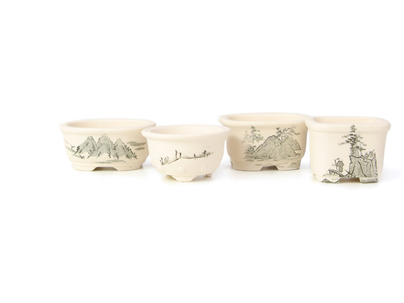 Seto Yaki Set of 12 small white bonsai pots between 40 and 55 mm from Seto Yaki, Japan, depicting a scene with landscape.
