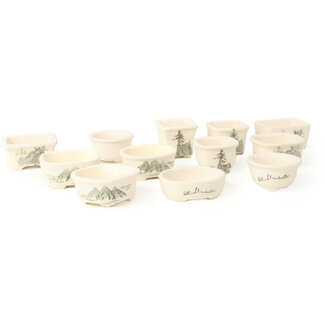 Seto Yaki Set of 12 small white pots 40 - 55 mm, depicting a scene with landscape