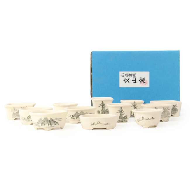 Set van 12 kleine witte bonsaipotjes tussen de 40 en 55 mm van Seto Yaki, Japan, voorstellende een tafereel met landschap.