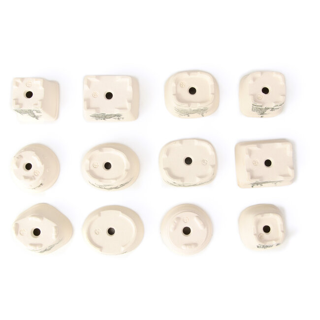 Set of 12 small white bonsai pots between 40 and 55 mm from Seto Yaki, Japan, depicting a scene with landscape.