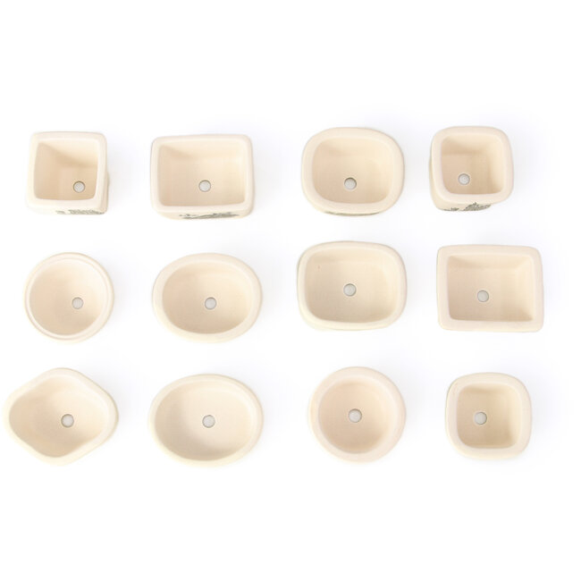 Set of 12 small white bonsai pots between 40 and 55 mm from Seto Yaki, Japan, depicting a scene with landscape.