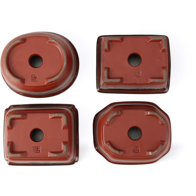 Set of 4 red bonsai pots between 100 and 106 mm from Seto Yaki, Japan.