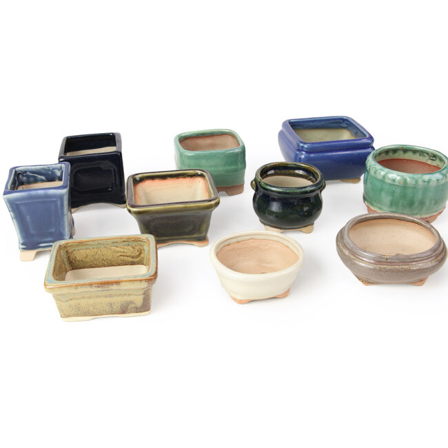 Set de 10 macetas de bonsai entre 52 y 79 mm de Seto Yaki, Japón.