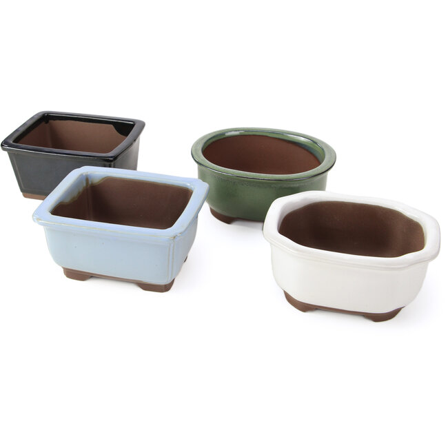 Set of 4 bonsai pots between 100 and 106 mm in green, blue and white from Seto Yaki, Japan.