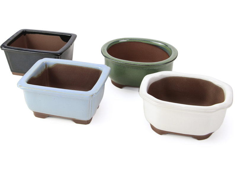 Seto Yaki Set of 4 bonsai pots between 100 and 106 mm in green, blue and white from Seto Yaki, Japan.