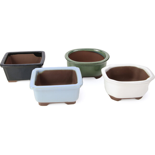Ensemble de 4 pots à bonsaï entre 100 et 106 mm en vert, bleu et blanc de Seto Yaki, Japon.