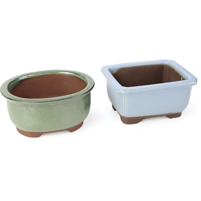 Set van 4 bonsaipotten tussen 100 en 106 mm in groen, blauw en wit van Seto Yaki, Japan.