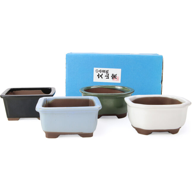 Ensemble de 4 pots à bonsaï entre 100 et 106 mm en vert, bleu et blanc de Seto Yaki, Japon.