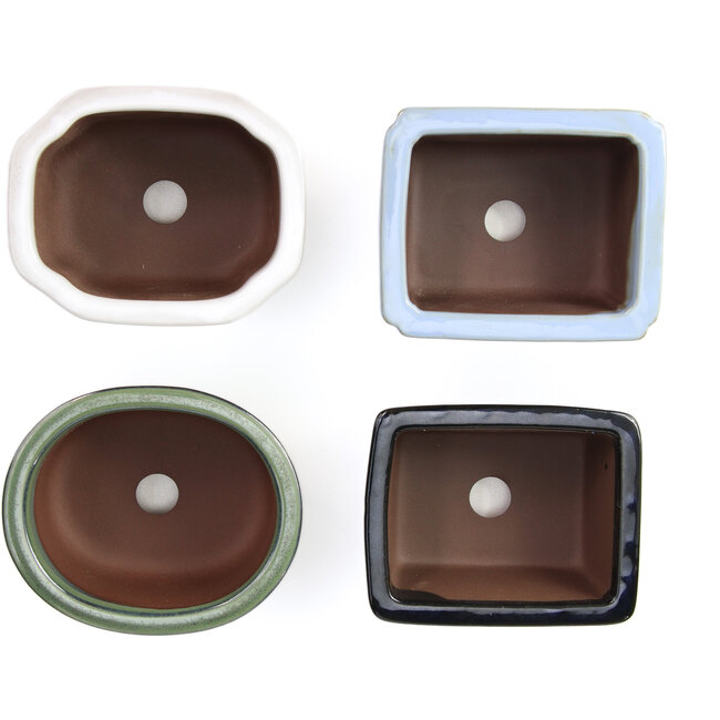 Set di 4 vasi bonsai tra 100 e 106 mm in verde, blu e bianco da Seto Yaki, Giappone.