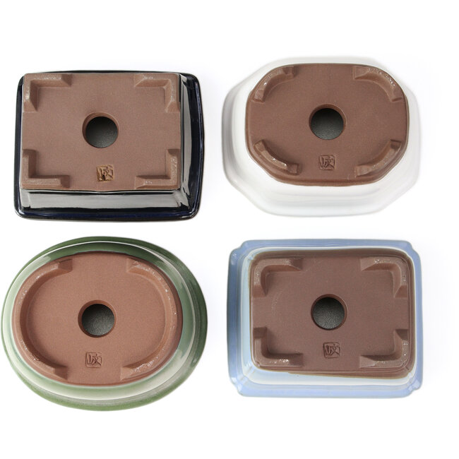 Set de 4 macetas de bonsái de entre 100 y 106 mm en verde, azul y blanco de Seto Yaki, Japón.