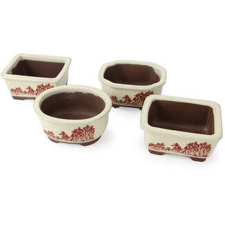 Seto Yaki Set of 4 white pots 100 - 106 mm, depicting a scene with landscape