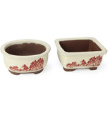 Seto Yaki Set of 4 white bonsai pots between 100 and 106 mm from Seto Yaki, Japan, depicting a scene with landscape.