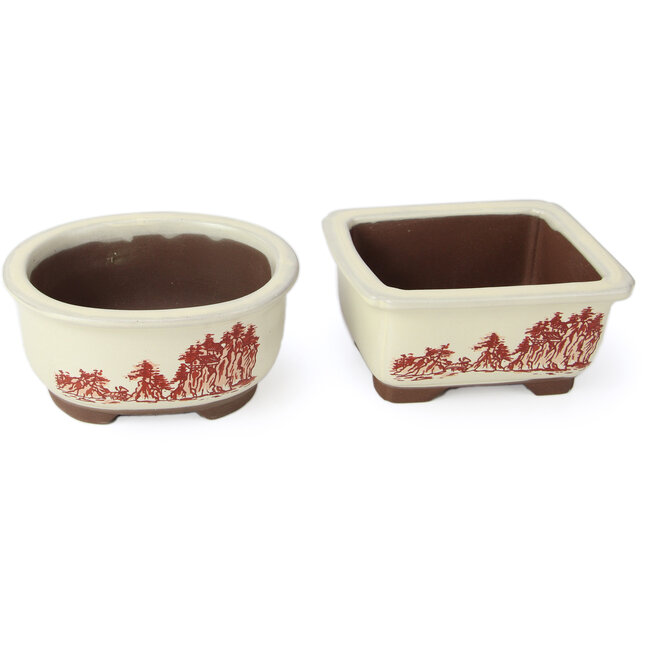 Set di 4 vasi bonsai bianchi tra 100 e 106 mm di Seto Yaki, Giappone, raffiguranti una scena con paesaggio.