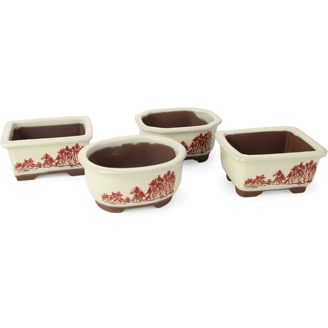 Set de 4 macetas de bonsái blancas entre 100 y 106 mm de Seto Yaki, Japón, que representan una escena con paisaje.