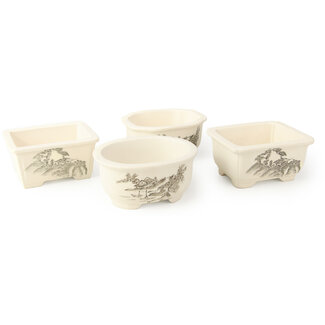 Seto Yaki Set di 4 vasi bianchi 100 - 106 mm, raffiguranti una scena con paesaggio