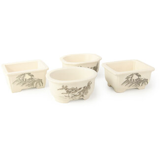 Seto Yaki Set of 4 white pots 100 - 106 mm, depicting a scene with landscape