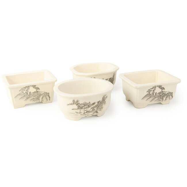 Set of 4 white bonsai pots between 100 and 106 mm from Seto Yaki, Japan, depicting a scene with landscape.