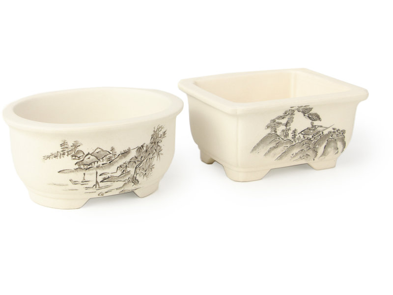 Seto Yaki Set of 4 white bonsai pots between 100 and 106 mm from Seto Yaki, Japan, depicting a scene with landscape.