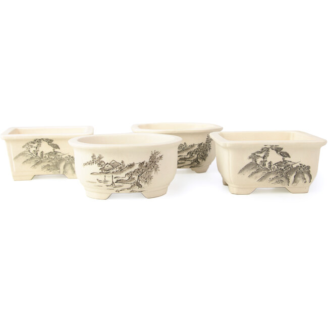 Set of 4 white bonsai pots between 100 and 106 mm from Seto Yaki, Japan, depicting a scene with landscape.