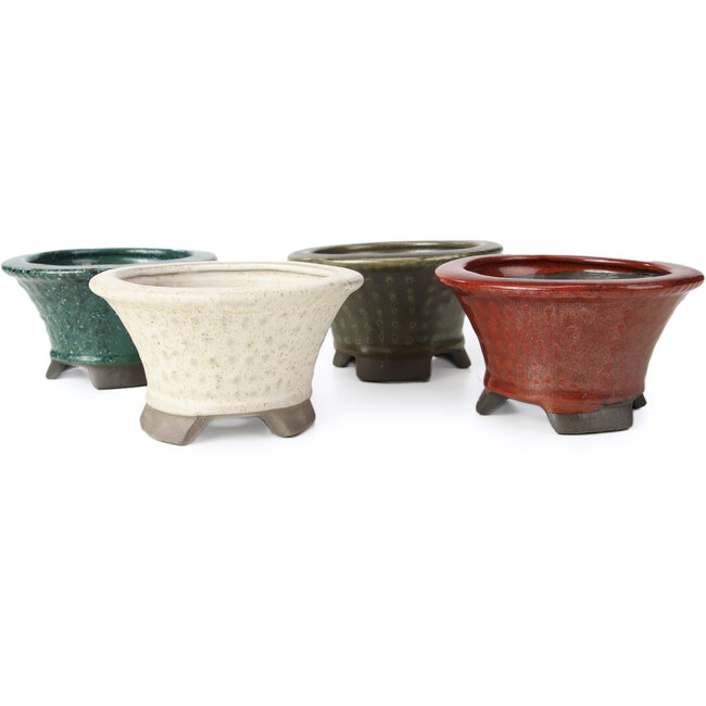 Ensemble de 8 pots à bonsaï ronds entre 95 et 95 mm de Seto Yaki, Japon.