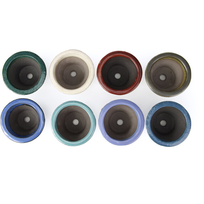 Set van 8 ronde bonsaipotten tussen 95 en 95 mm van Seto Yaki, Japan.