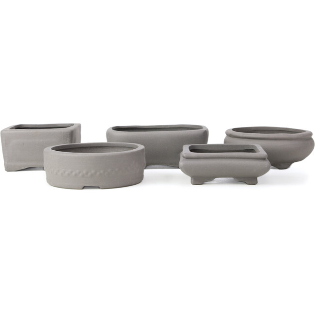 Set of 10 unglazed bonsai pots between 90 and 134 mm from Seto Yaki, Japan.