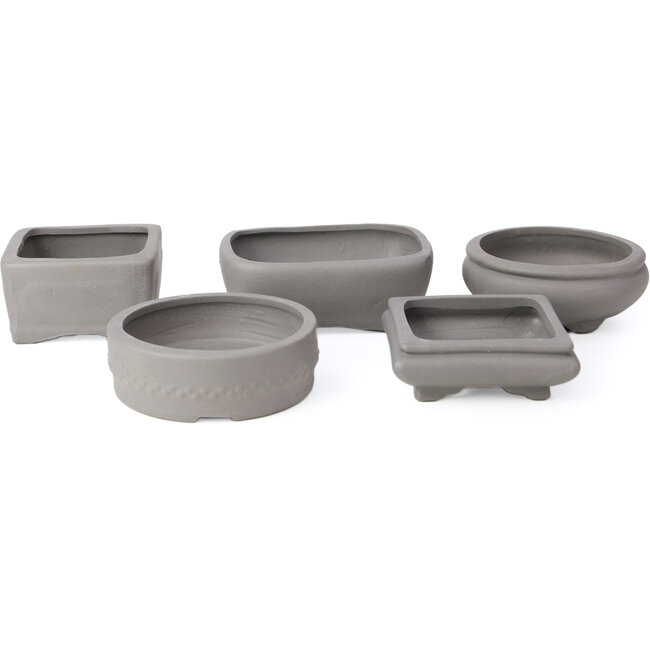Set of 10 unglazed bonsai pots between 90 and 134 mm from Seto Yaki, Japan.
