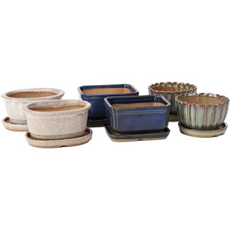 Seto Yaki Set of 6 pots with humidity trays 98 - 120 mm