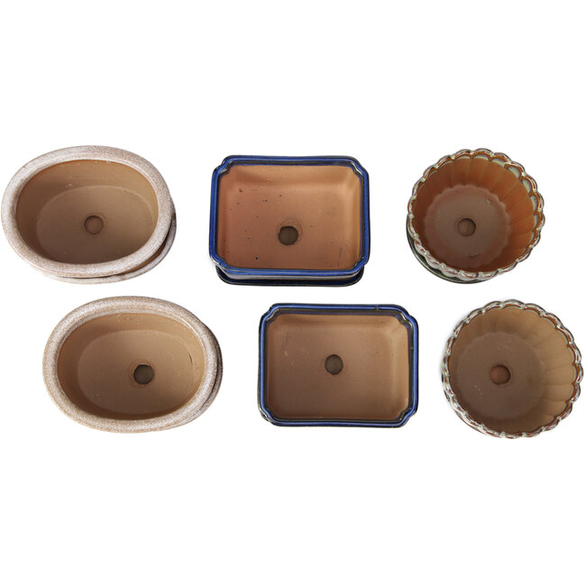 Set de 6 macetas de bonsái con platos de 98, 115 y 120 mm de Seto Yaki, Japón.