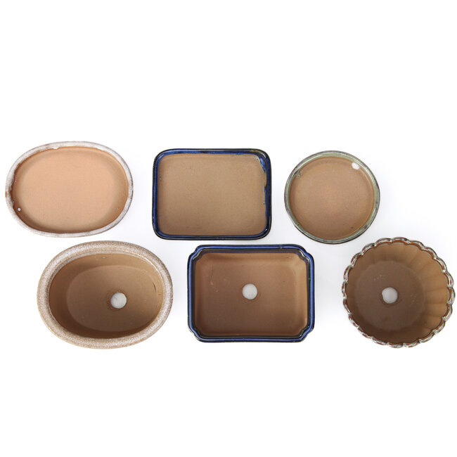 Ensemble de 6 pots à bonsaï avec soucoupe de 98, 115 et 120 mm de Seto Yaki, Japon.