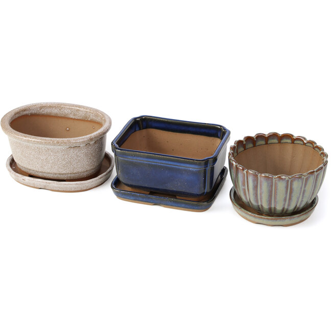 Set aus 6 Bonsaischalen mit Untersetzer von 98, 115 und 120 mm von Seto Yaki, Japan.